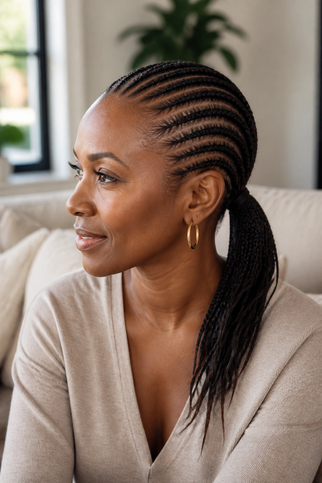 Close-up of real woman with cornrow ponytail under natural window light