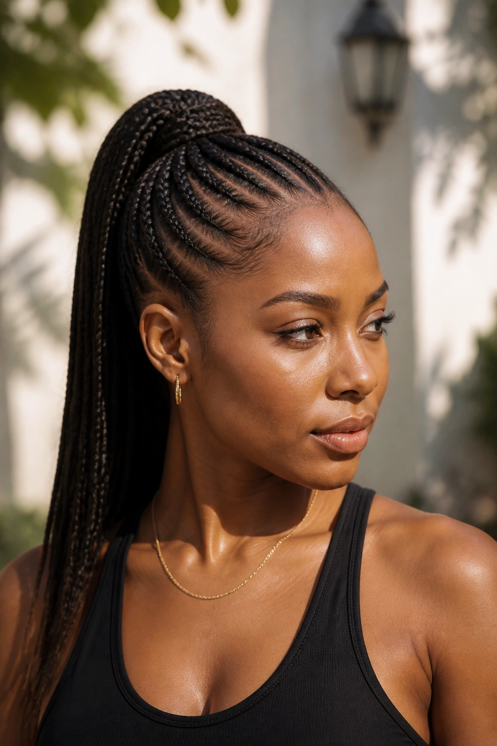 Real Black woman with cornrows feeding into a high ponytail outdoors
