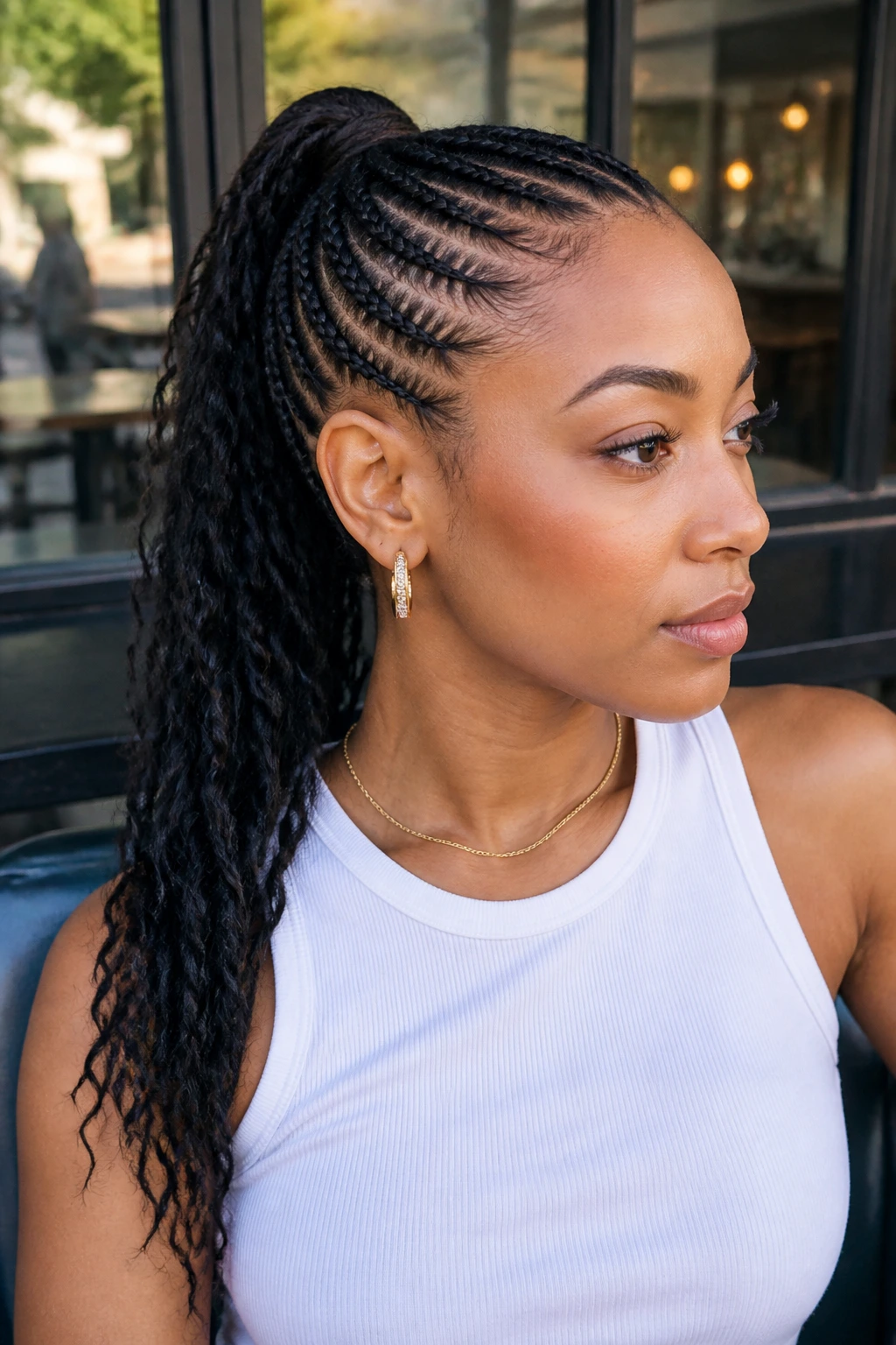 Close-up portrait of a real woman with cornrows leading to a ponytail