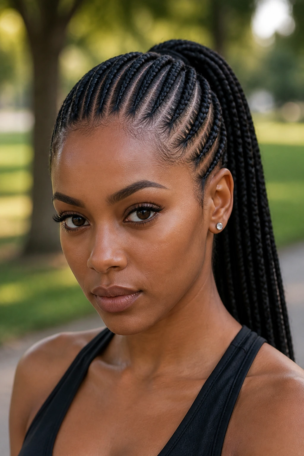 Close-up real woman with cornrows into ponytail in natural daylight