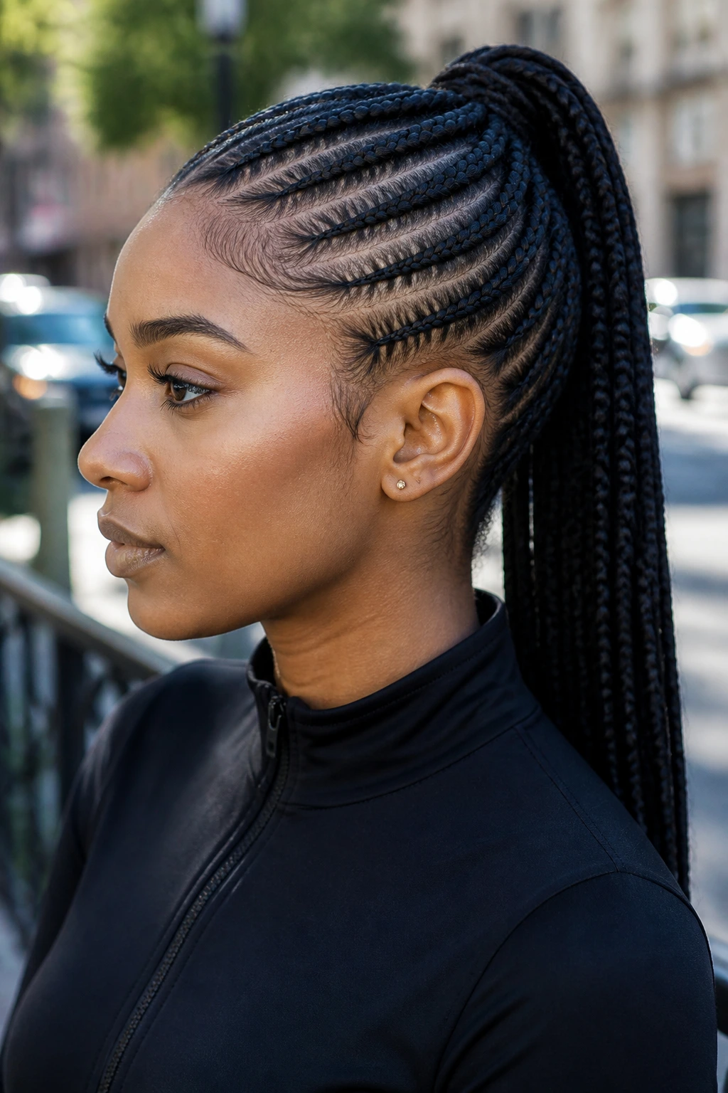 Portrait of a real woman with a sleek cornrow ponytail.