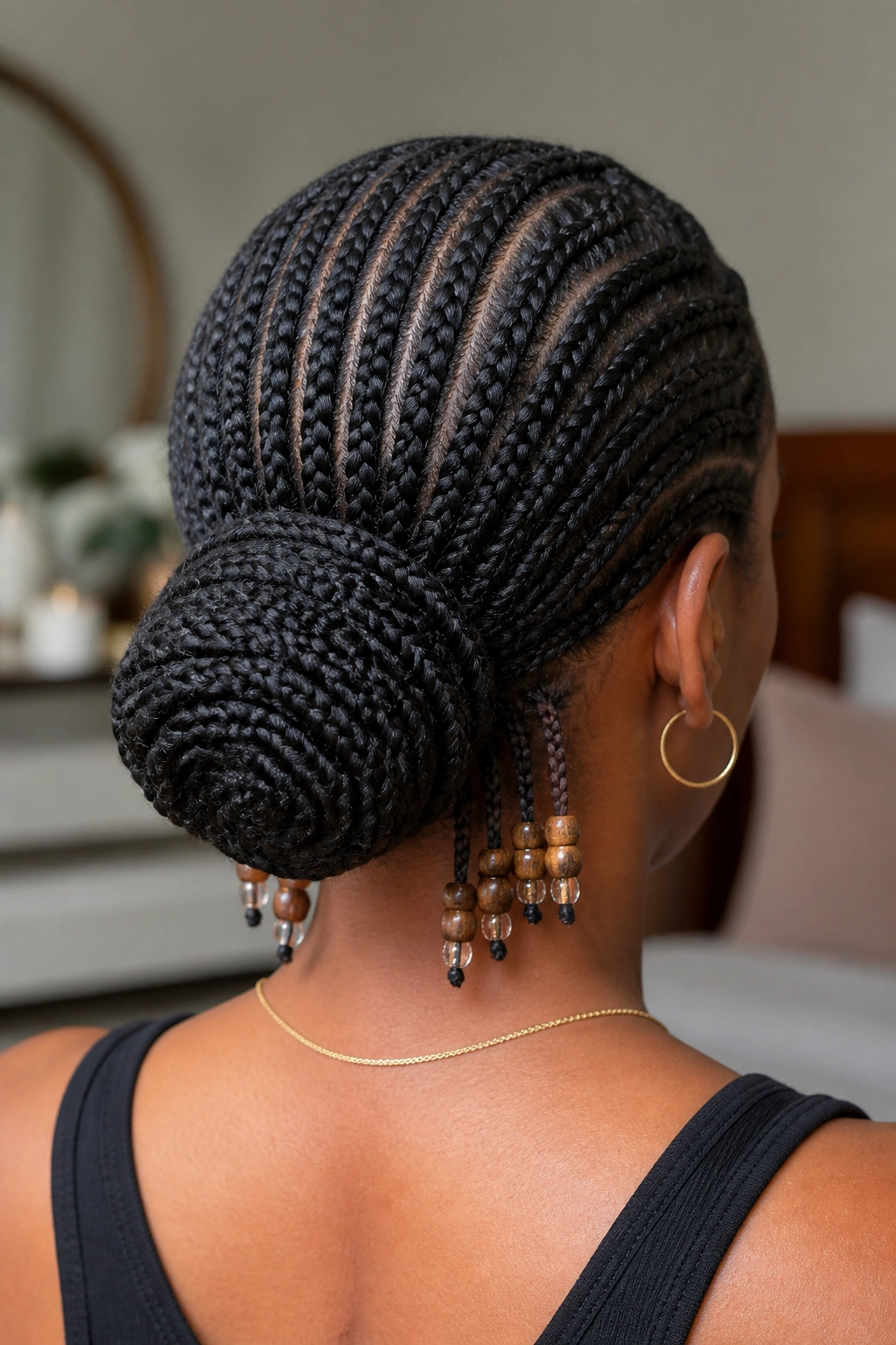Back view close-up of a real woman's head showing a low cornrow bun with beaded ends at the nape