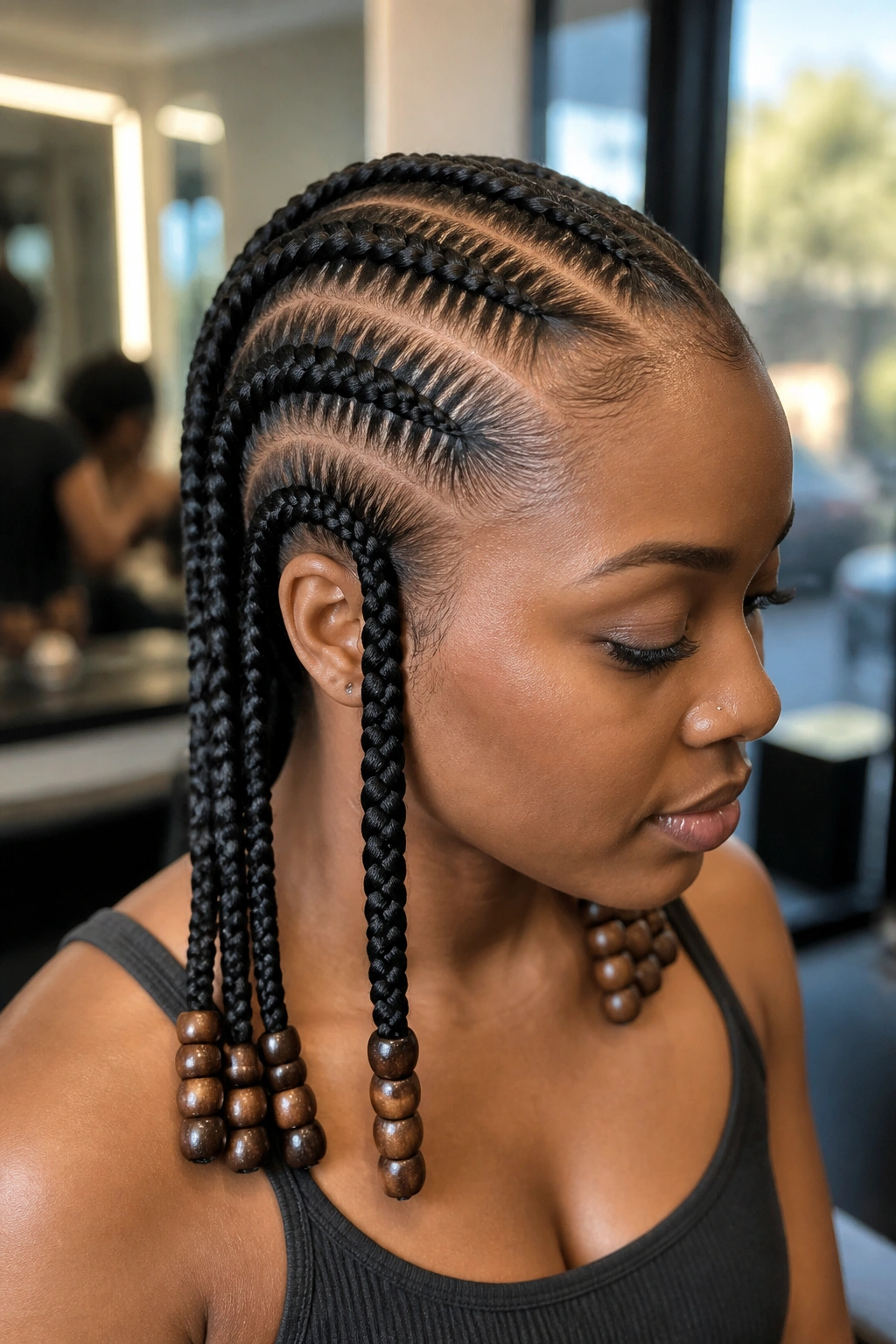 Close-up of four large cornrows with jumbo beads on a real person in a sunlit salon
