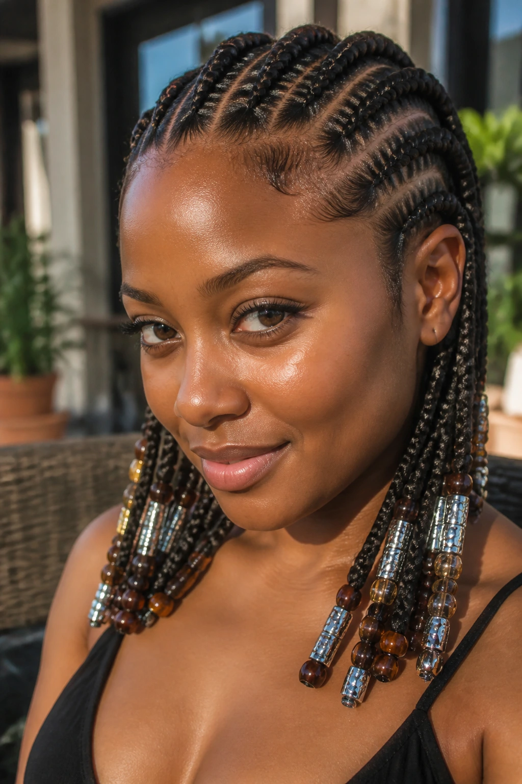 Close-up of cornrows with beads on a real woman's head