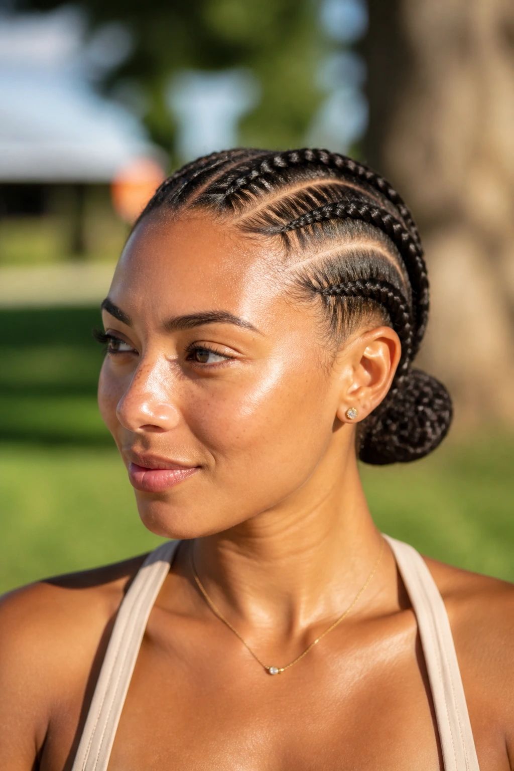 Close-up of a real woman with two straight-back cornrows braided into a low bun in warm sunlight