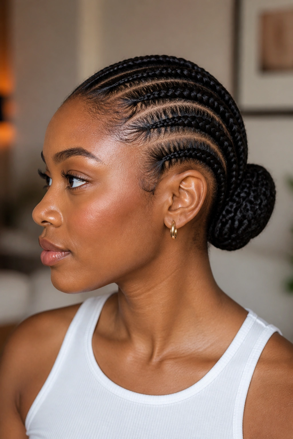 Close-up of a real person with cornrows flowing into a bun at the back