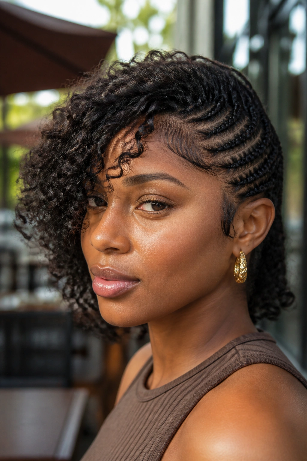 Close-up of a real Black woman with sculpted side cornrows and curls left out.