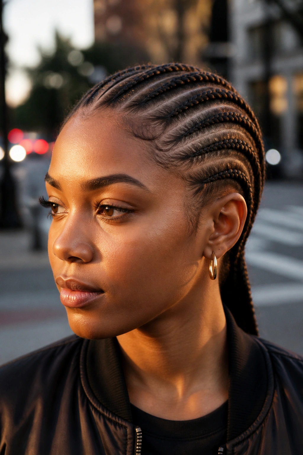 Close-up portrait of a real woman with cornrows in an urban golden hour setting