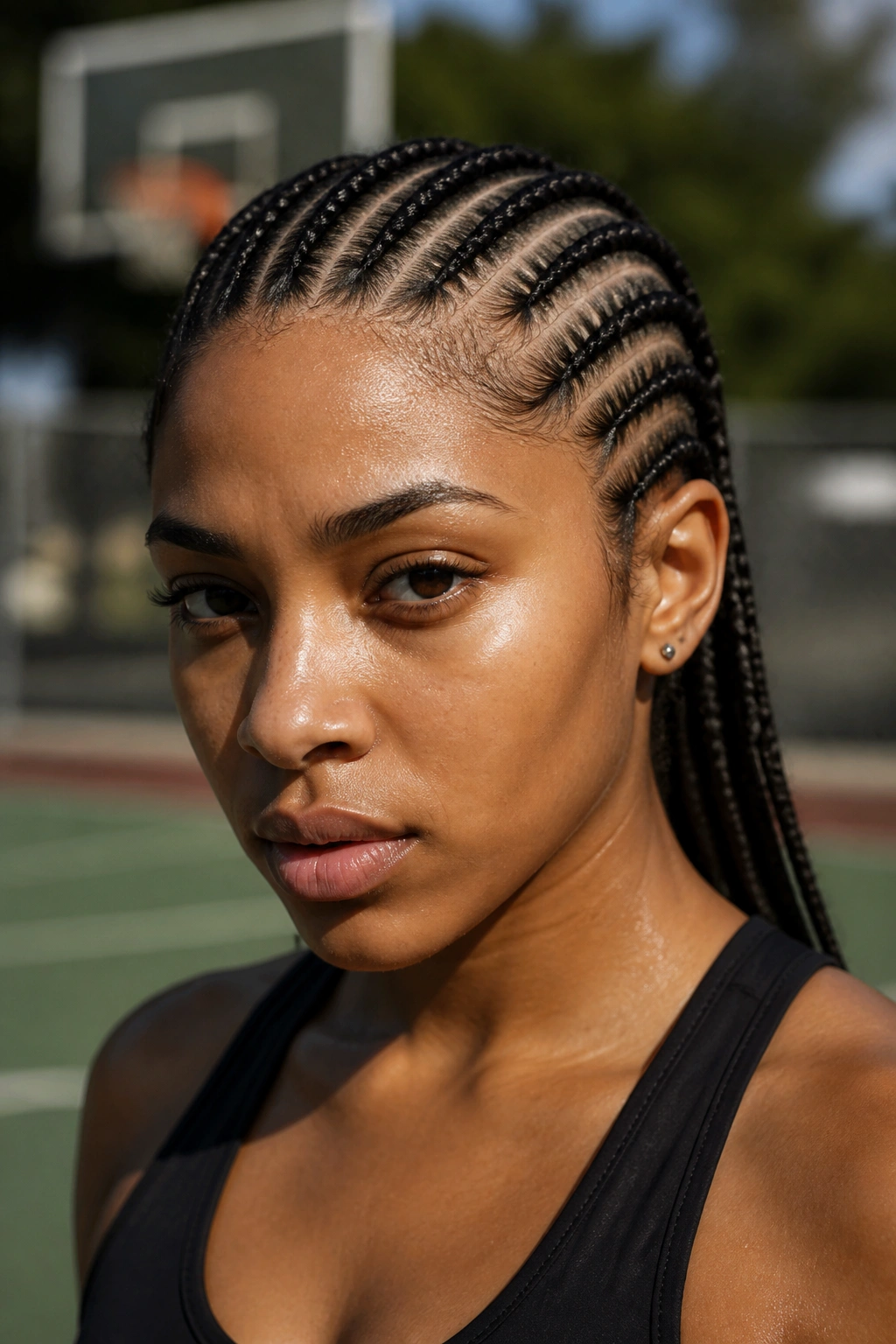 Close-up of a real woman with cornrows