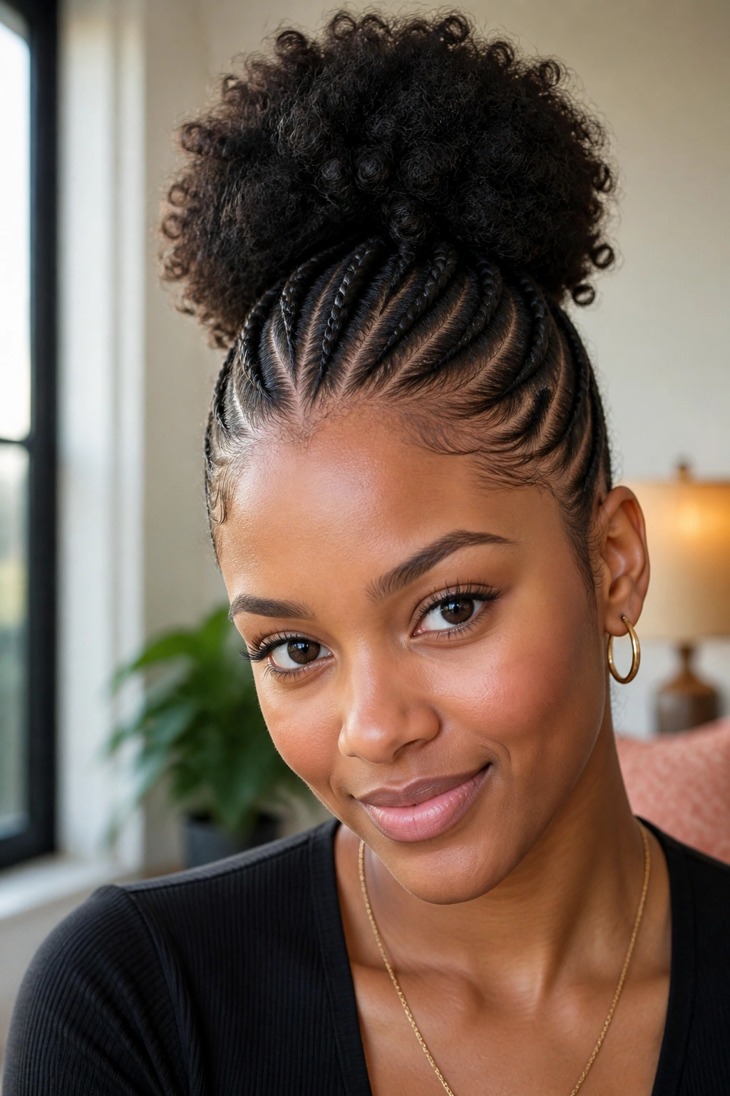 Close-up of a real woman with front cornrows feeding into a high puff at the crown
