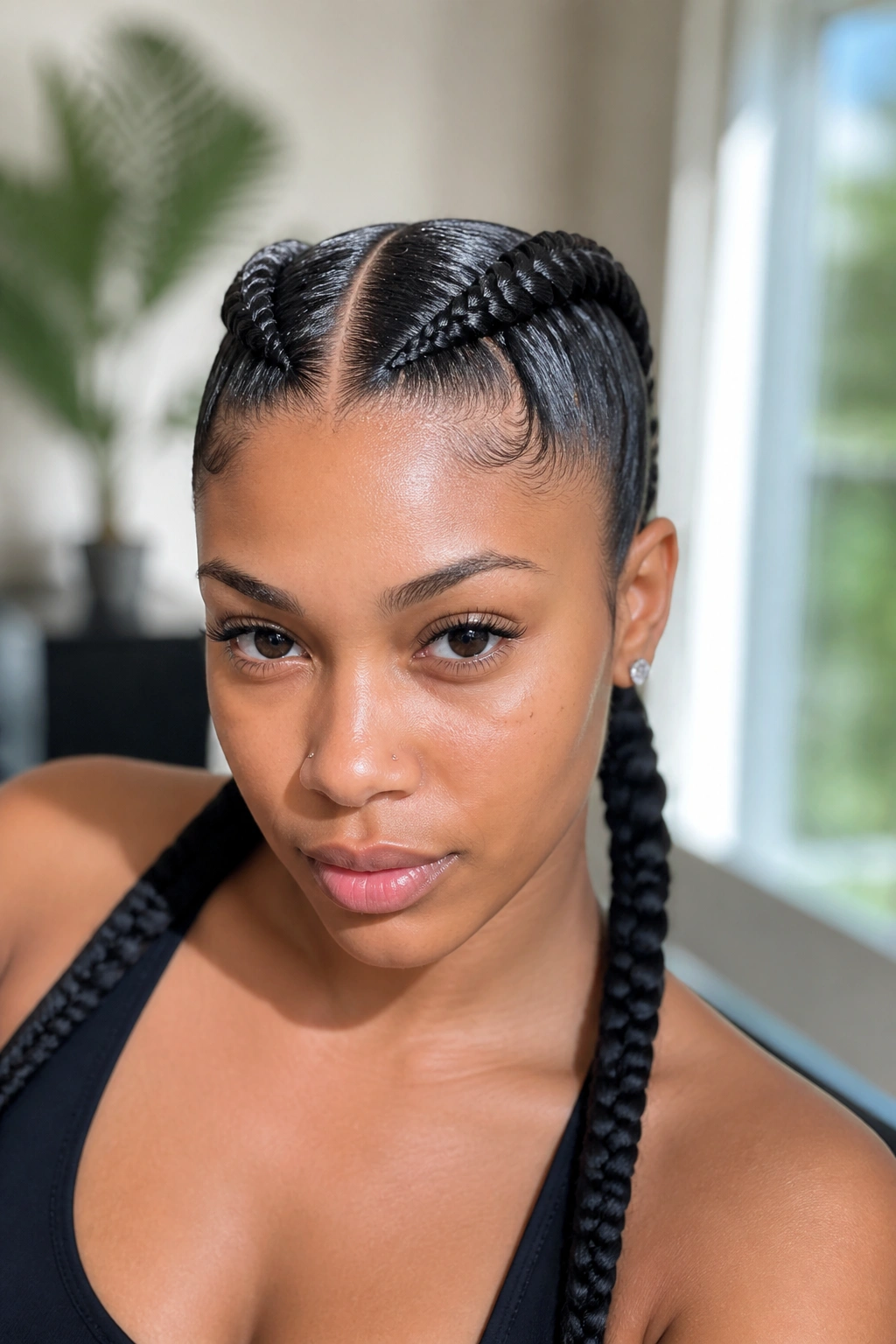 Close-up of a real woman with two thick straight-back cornrows and a middle part