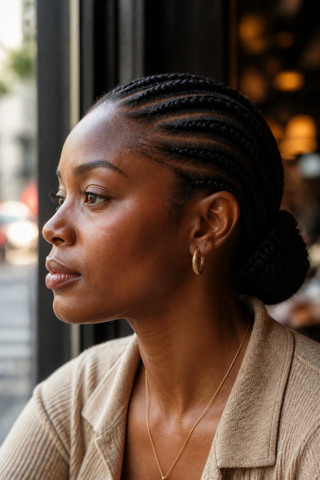 Person with front cornrows and a low bun in cafe lighting