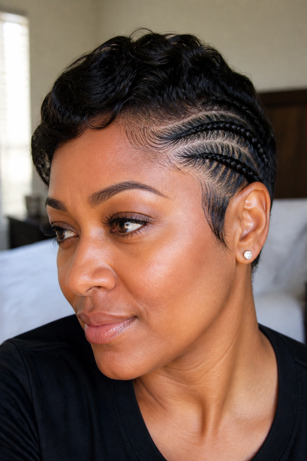 Close-up of side-swept cornrow on a pixie cut focusing on the hairline diagonal braid.