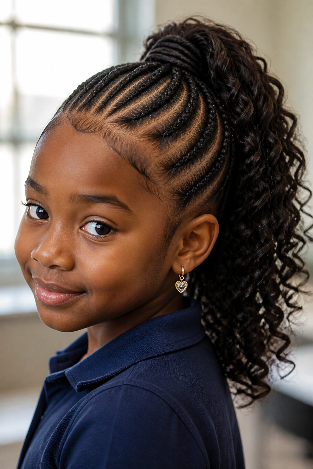 Close-up portrait of a girl with a cornrow ponytail and curled ends against a softly lit classroom backdrop