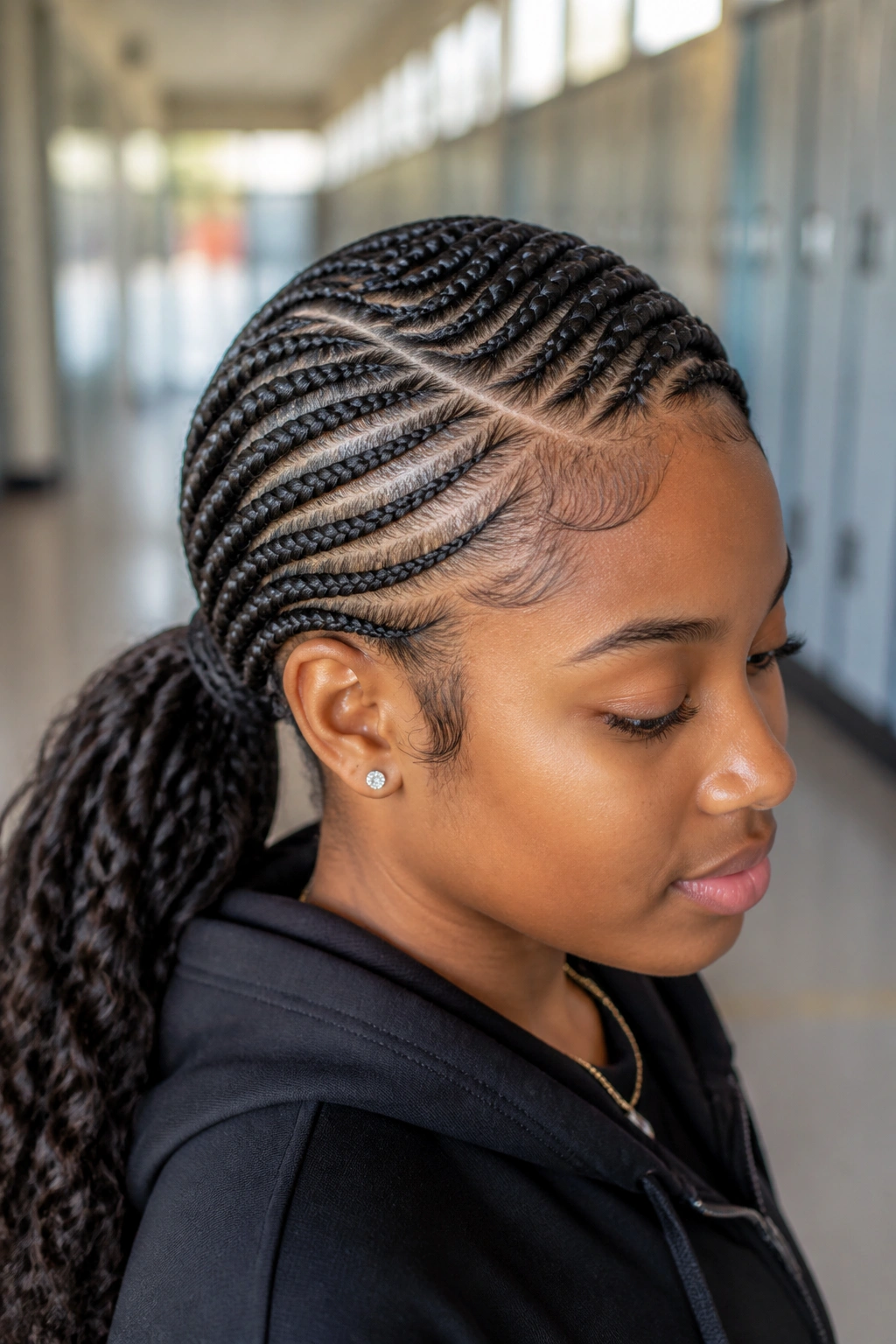 Close-up of cornrow side-part ponytail on a real person in a school hallway