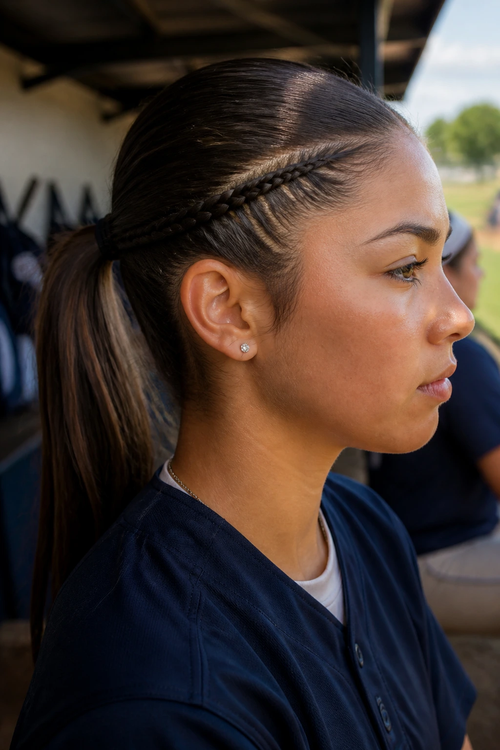 Side cornrow accent into ponytail on a real softball player; neat front edges.