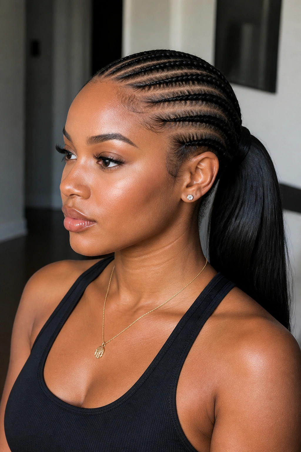 Portrait of a real person with straight-back cornrows transitioning into a sleek ponytail.