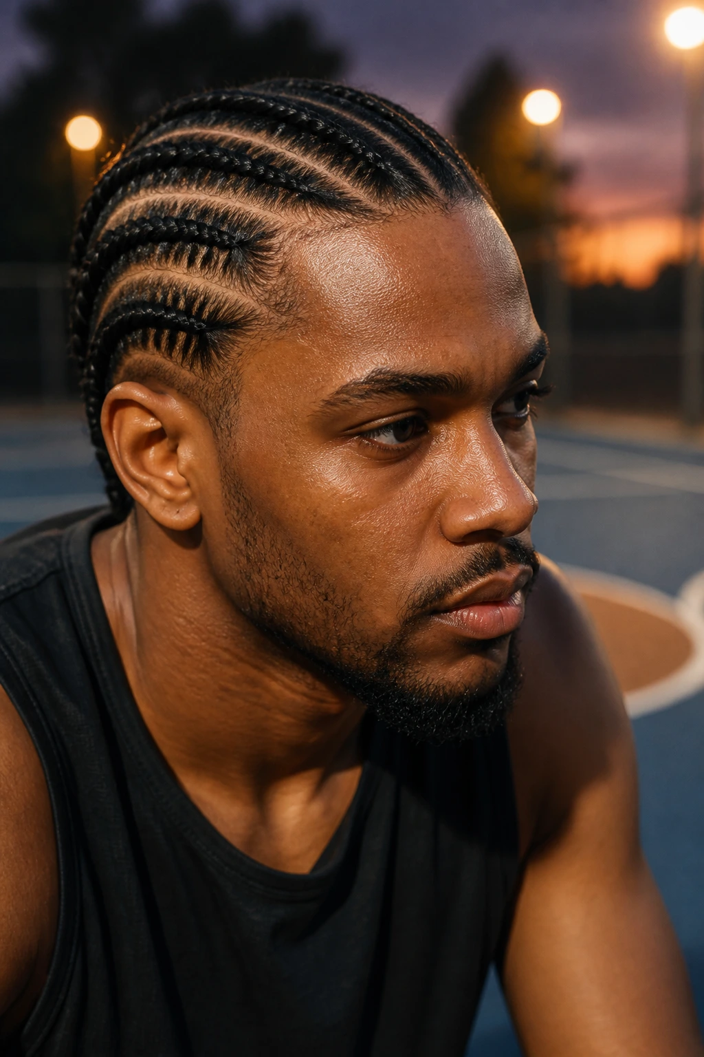 Man with cornrows on an outdoor court at dusk