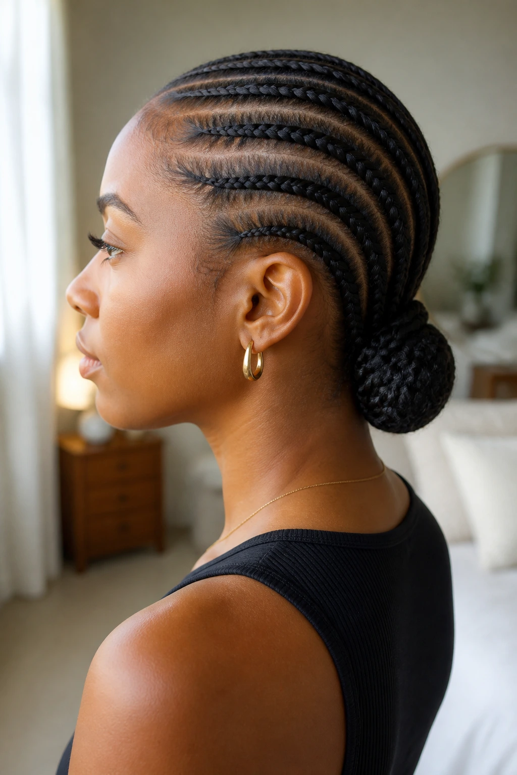 Close-up of cornrows leading to a low chignon on a real person in natural light