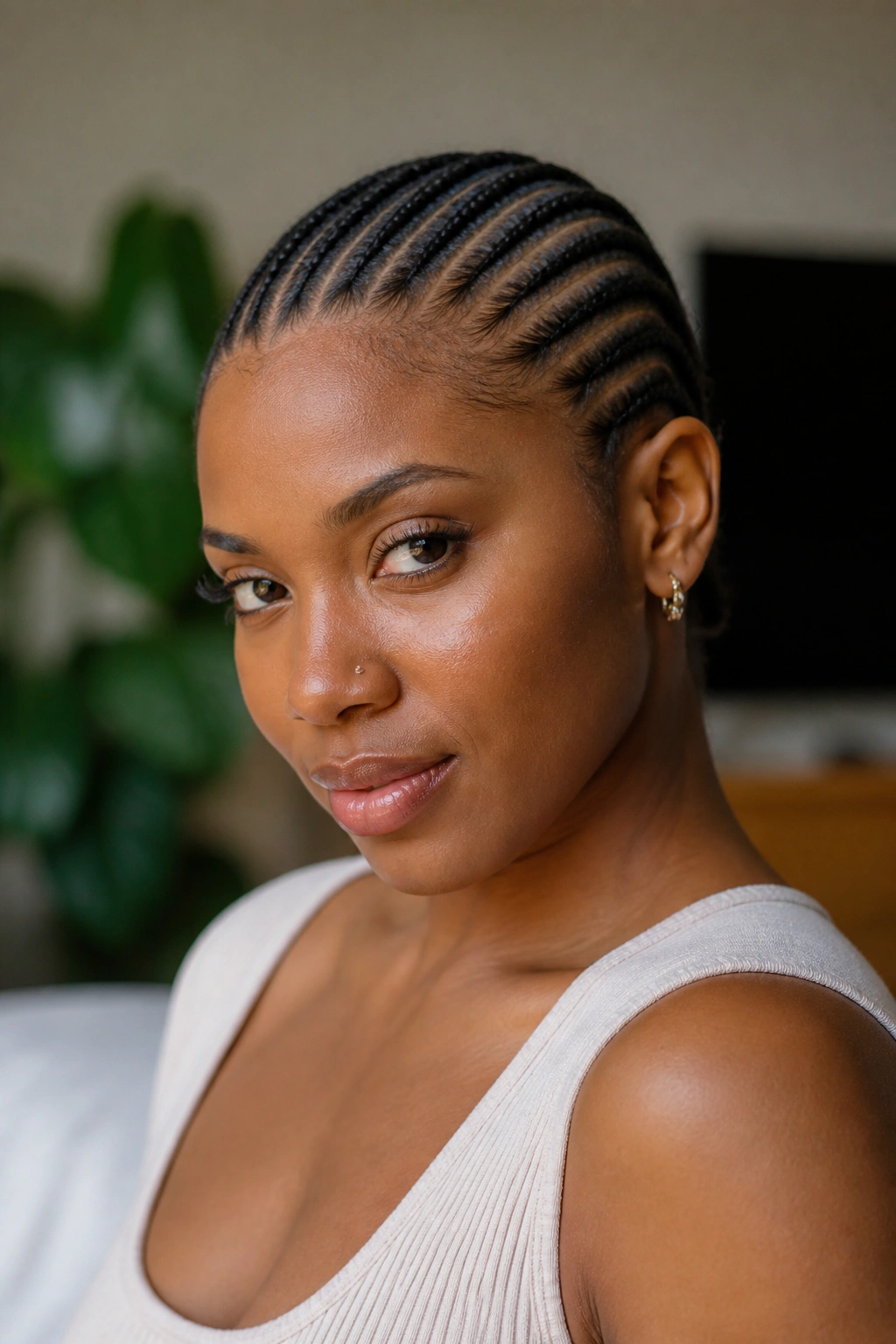 Medium close-up of a real woman with straight-back cornrows