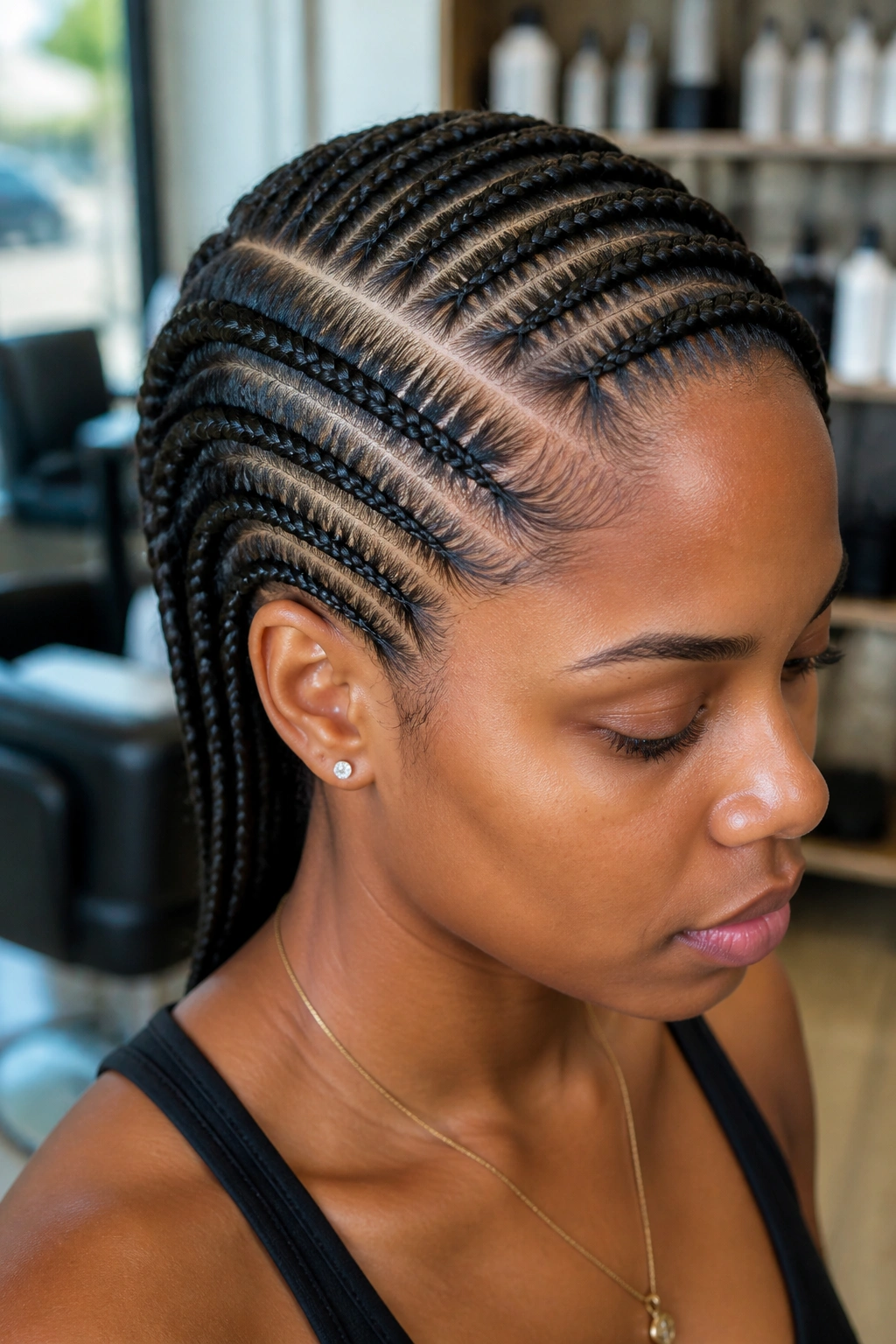 Real woman with deep side-part cornrows sweeping across the crown