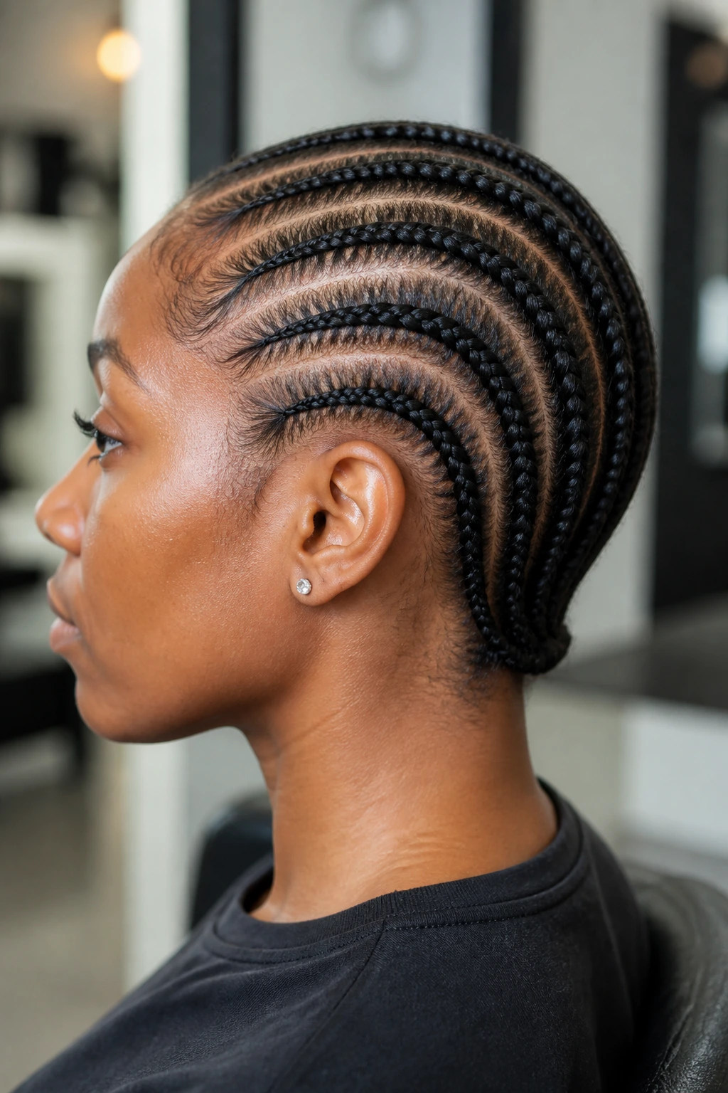 Close-up of real person with straight-back cornrows tucked at the nape