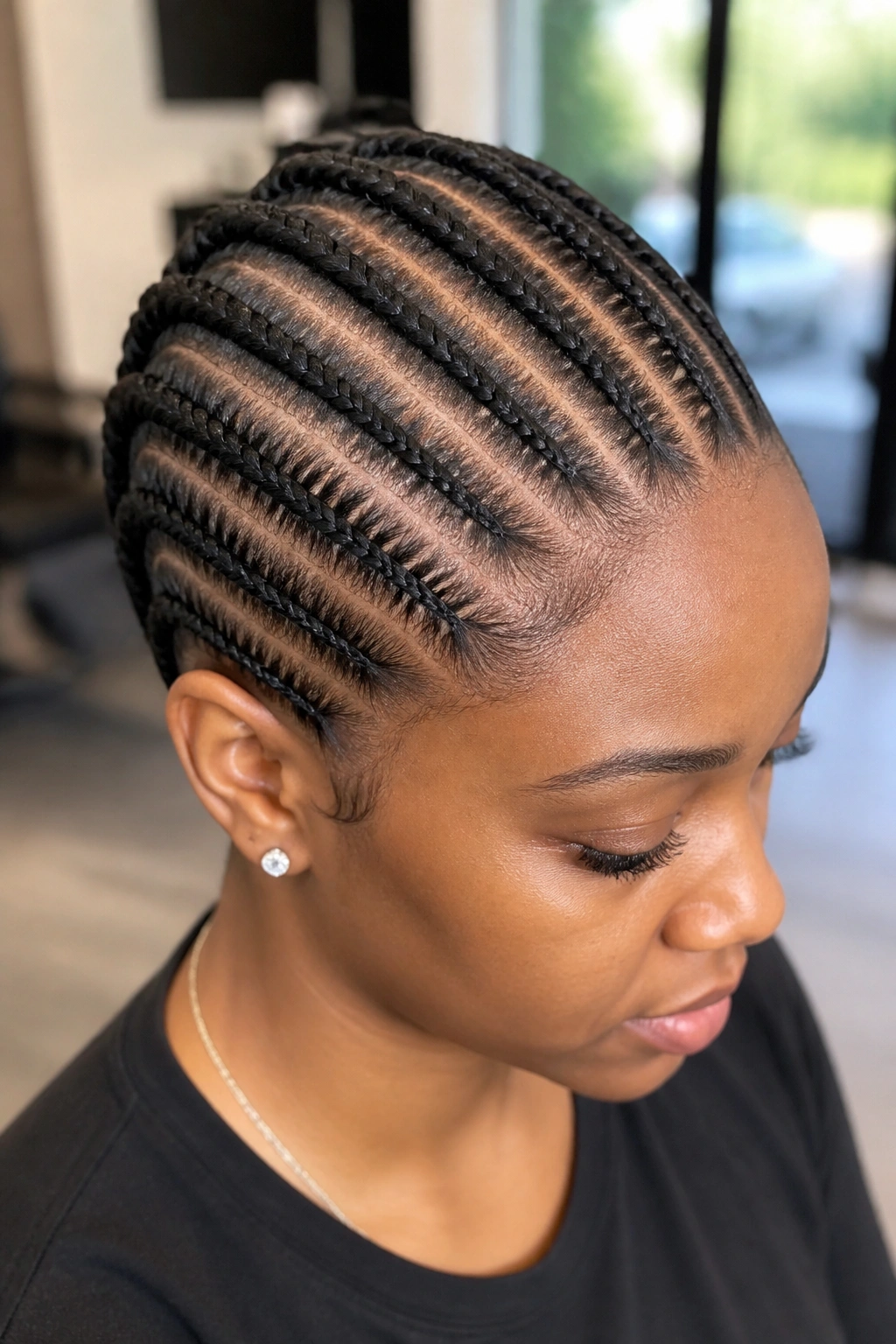 Close-up of a real woman with straight-back feed-in cornrows from hairline to nape