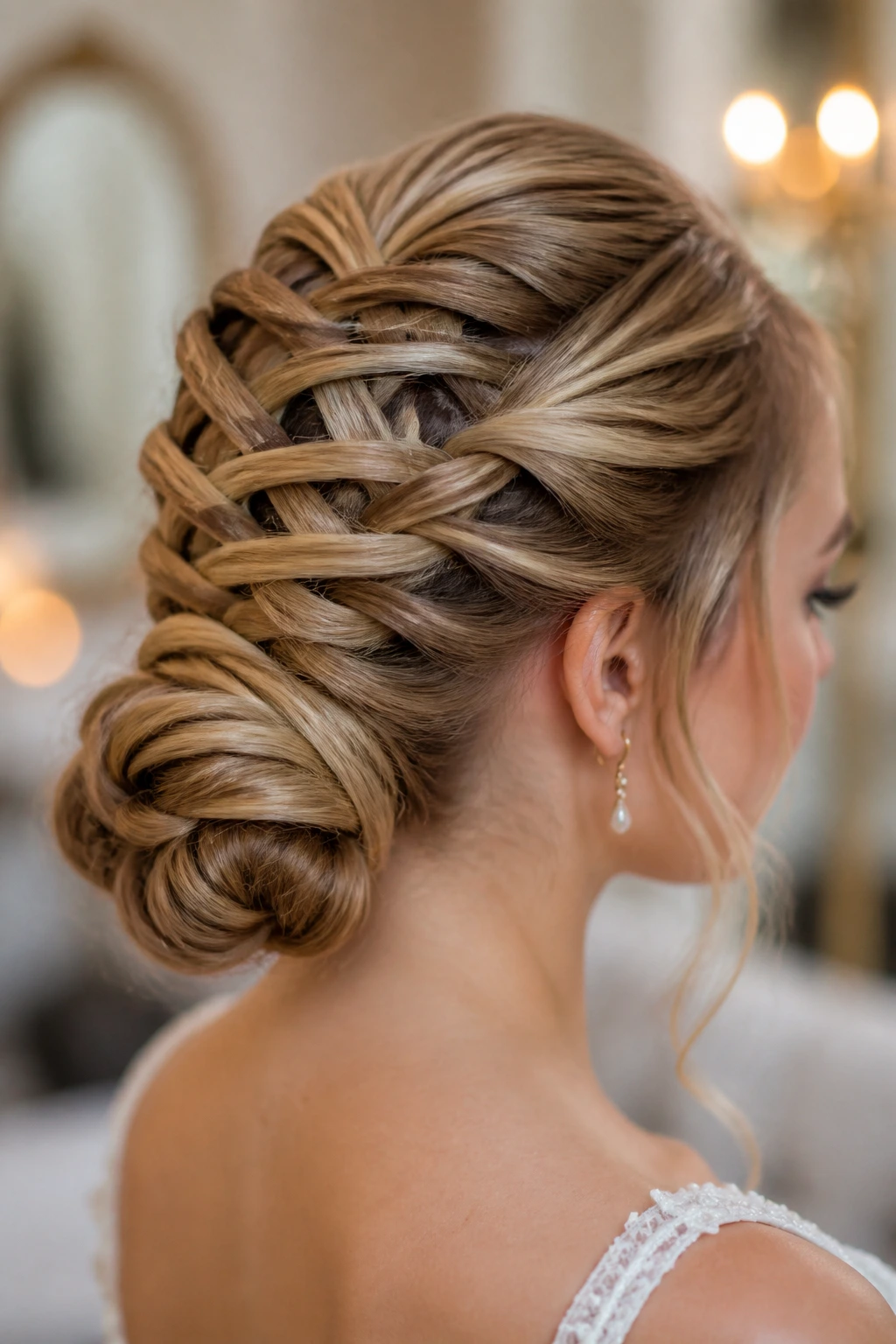 Close-up portrait of a real woman with a corset braid around a bun.