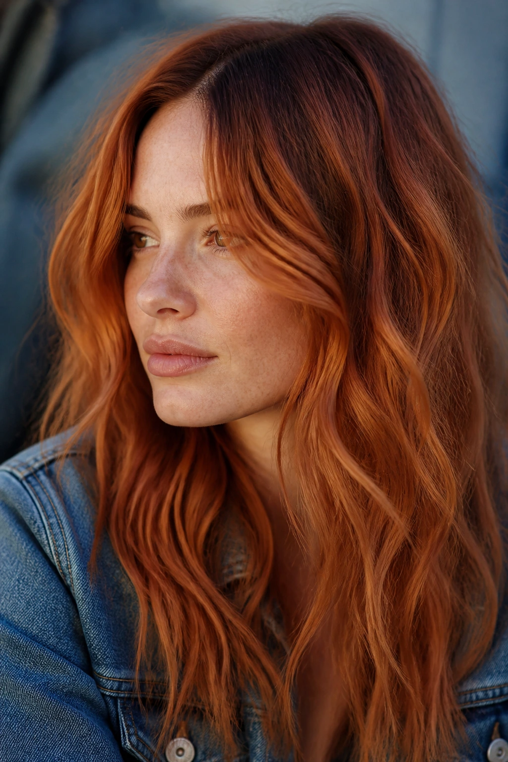 Close-up portrait of a real person with earthy cowboy copper hair