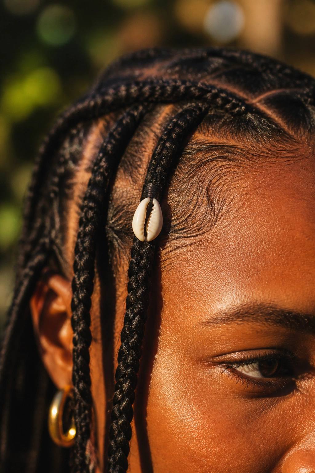 Close-up of a real person's braid with a single cowrie shell accent in warm outdoor light