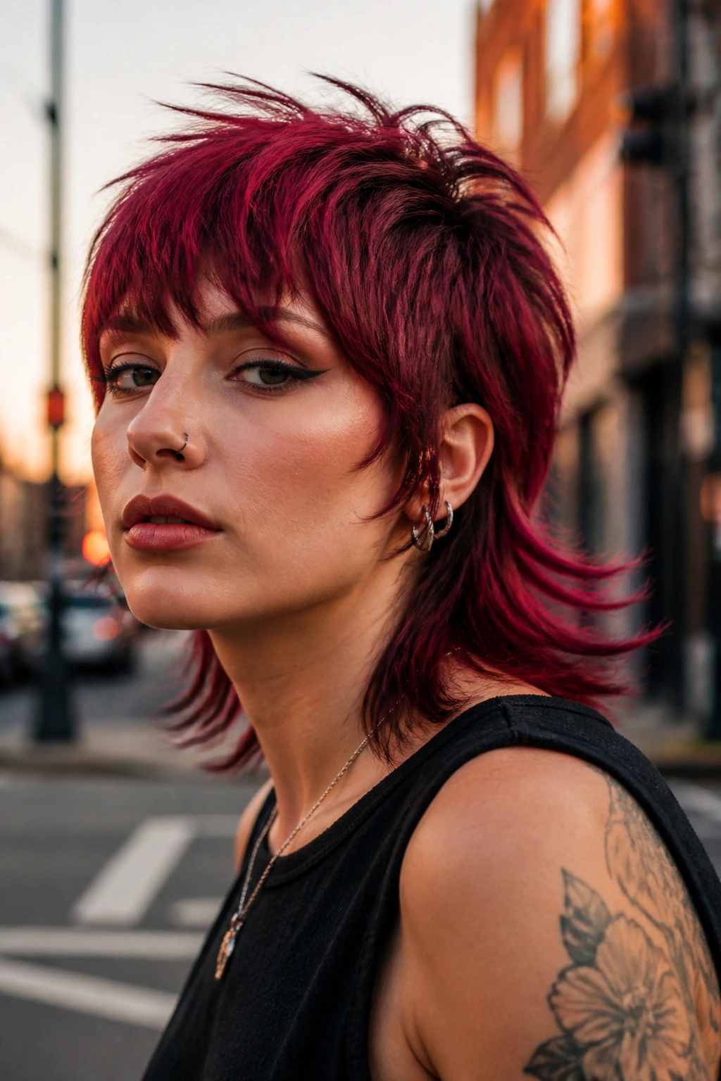 Portrait of a woman with a cranberry red mullet in soft evening light