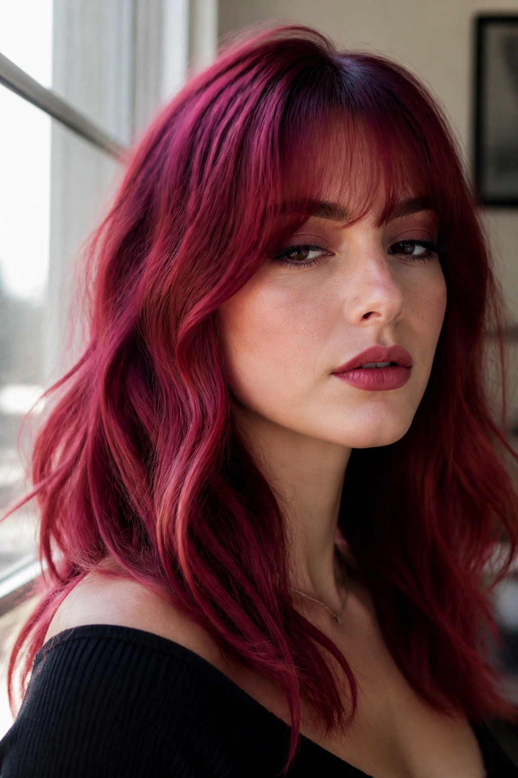Close-up portrait of a real person wearing cranberry red hair with cool undertones
