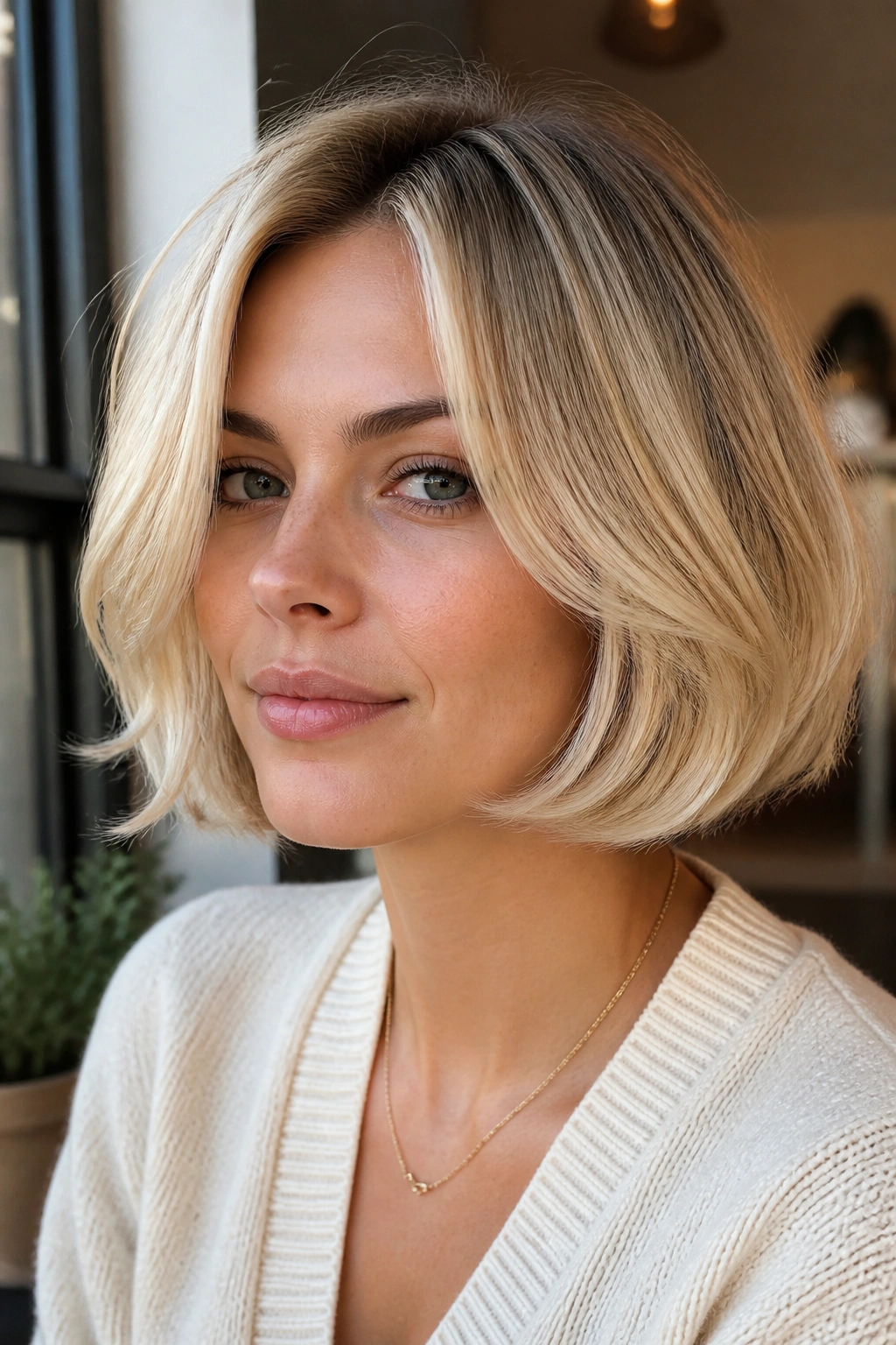 Real woman with cream blonde Italian bob close-up portrait