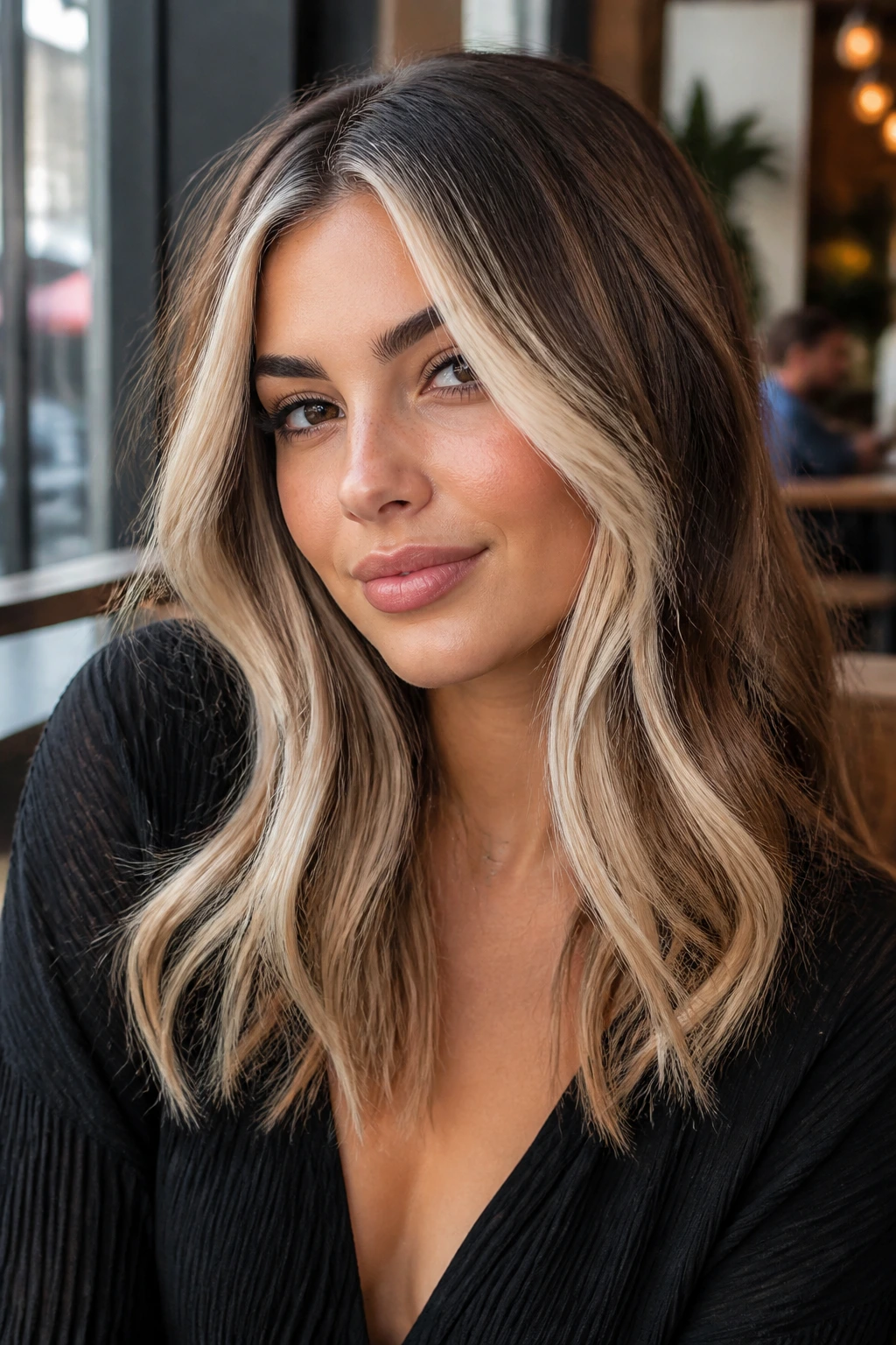 Close-up portrait of a real woman with cream and mocha frame on her hair