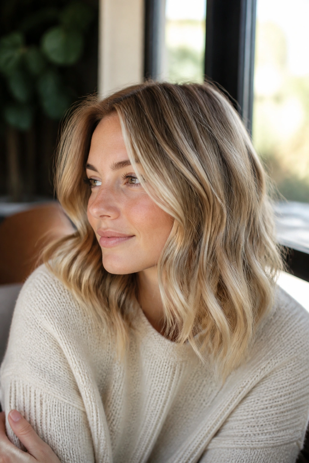 Shoulder-length cream soda dirty blonde hair with beige-brown root on a real person