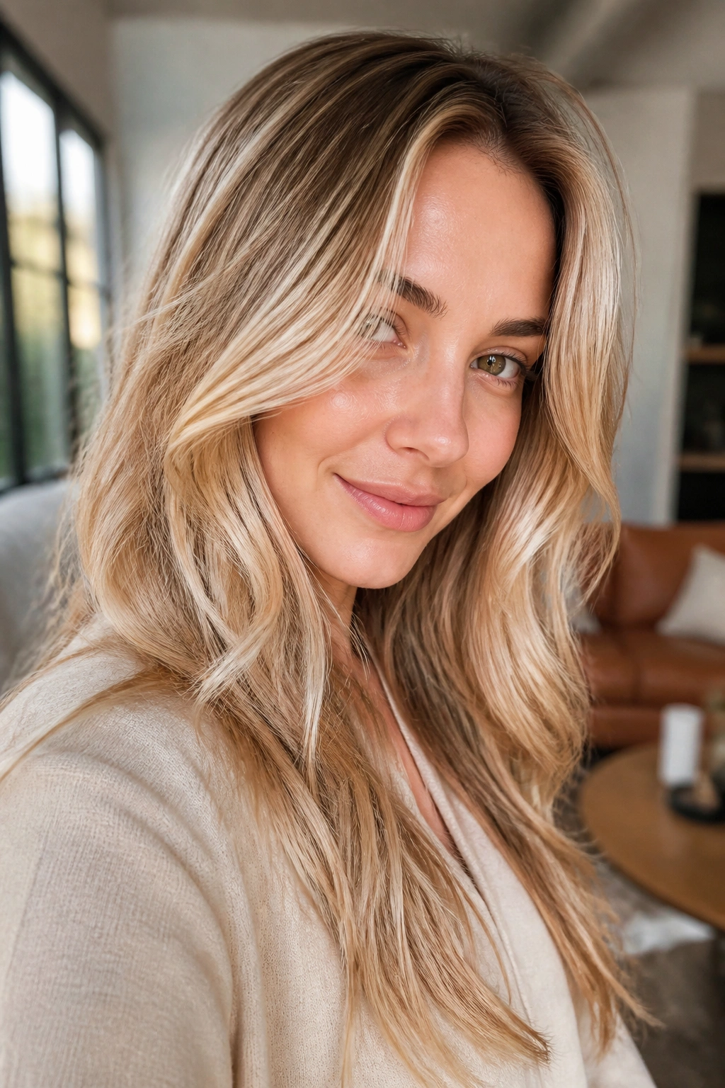 Close-up portrait of a real woman with cream soda blonde hair in warm window light