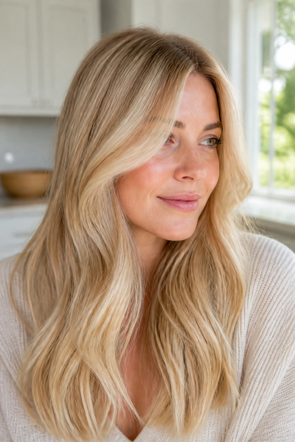 Real woman with warm beige-gold cream soda blonde hair.