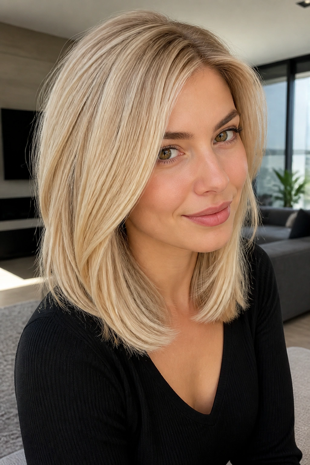 Close-up of a real woman with cream soda blonde hair and clean ends in warm natural light