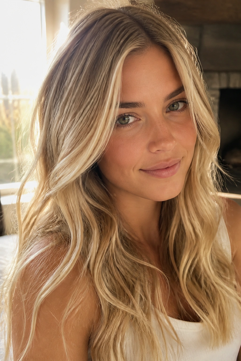 Close-up of a real person with cream soda blonde hair in sunlit room