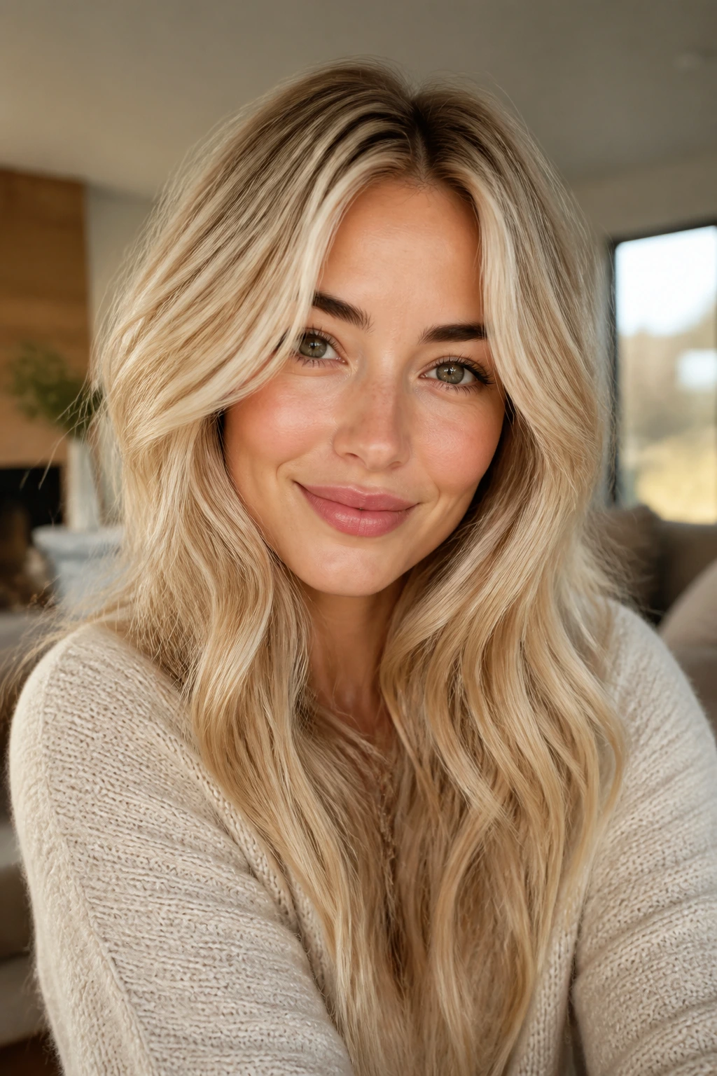 Close-up portrait of a real woman with Cream Soda Blonde hair in soft waves