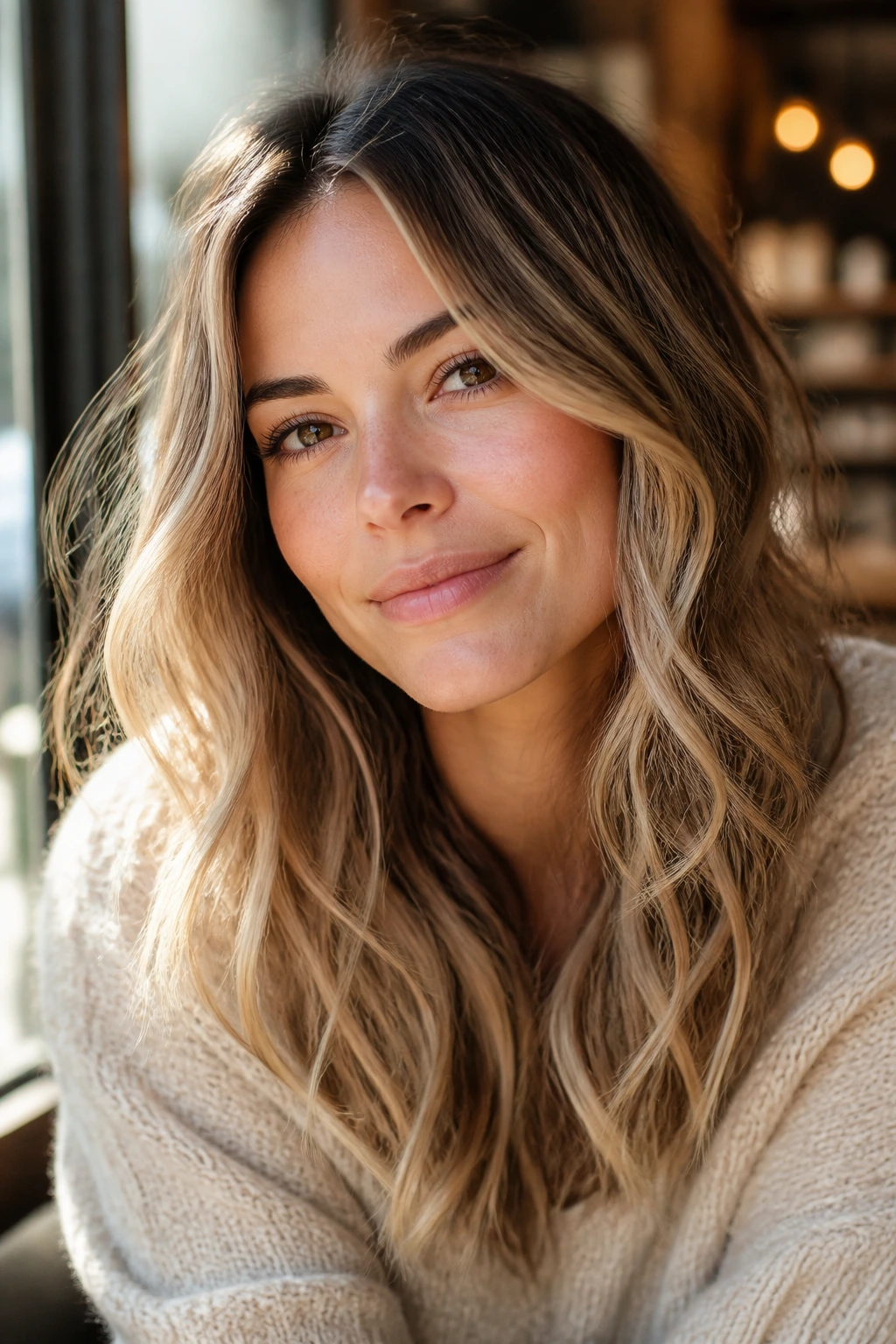 Close-up of a real woman with light brown hair and cream soda blonde highlights