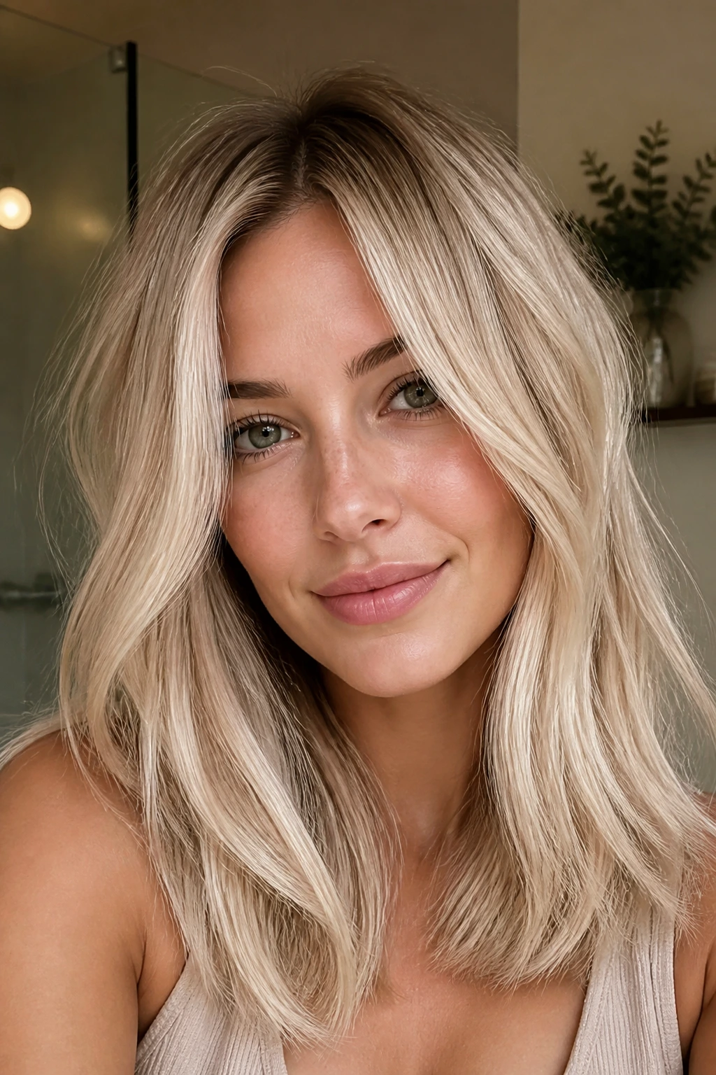 Cream soda blonde hair with a subtle shadow root on a real person