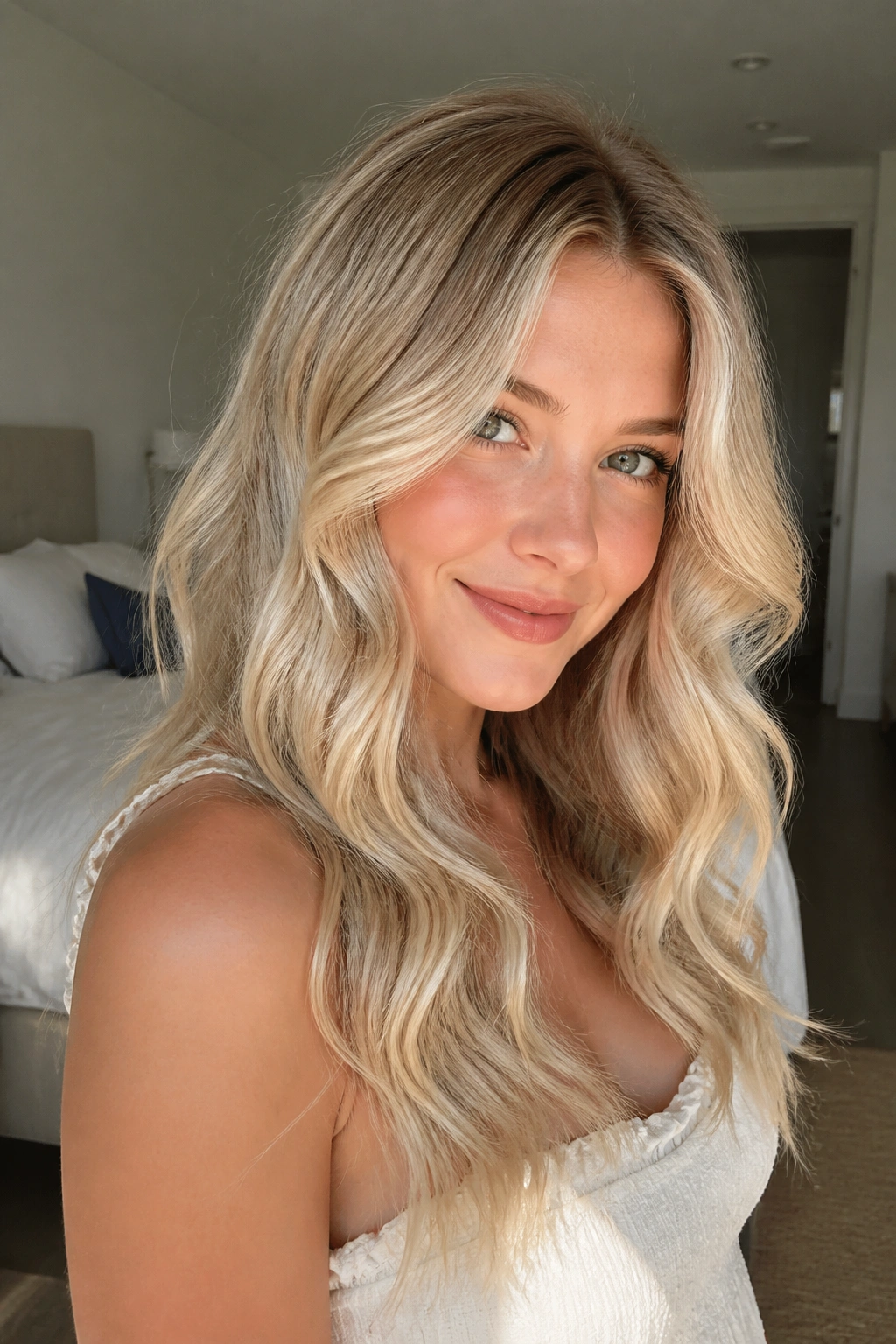 Close-up portrait of a real woman with cream soda blonde hair and milky ends