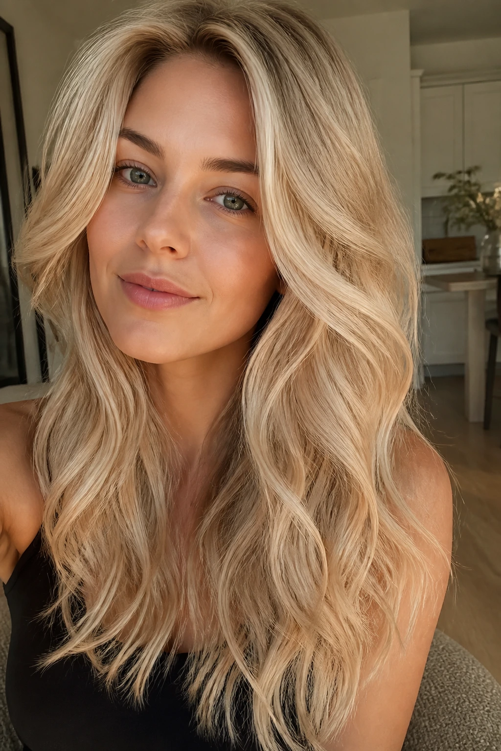 Close-up of a real woman with cream soda blonde tones on soft, relaxed waves