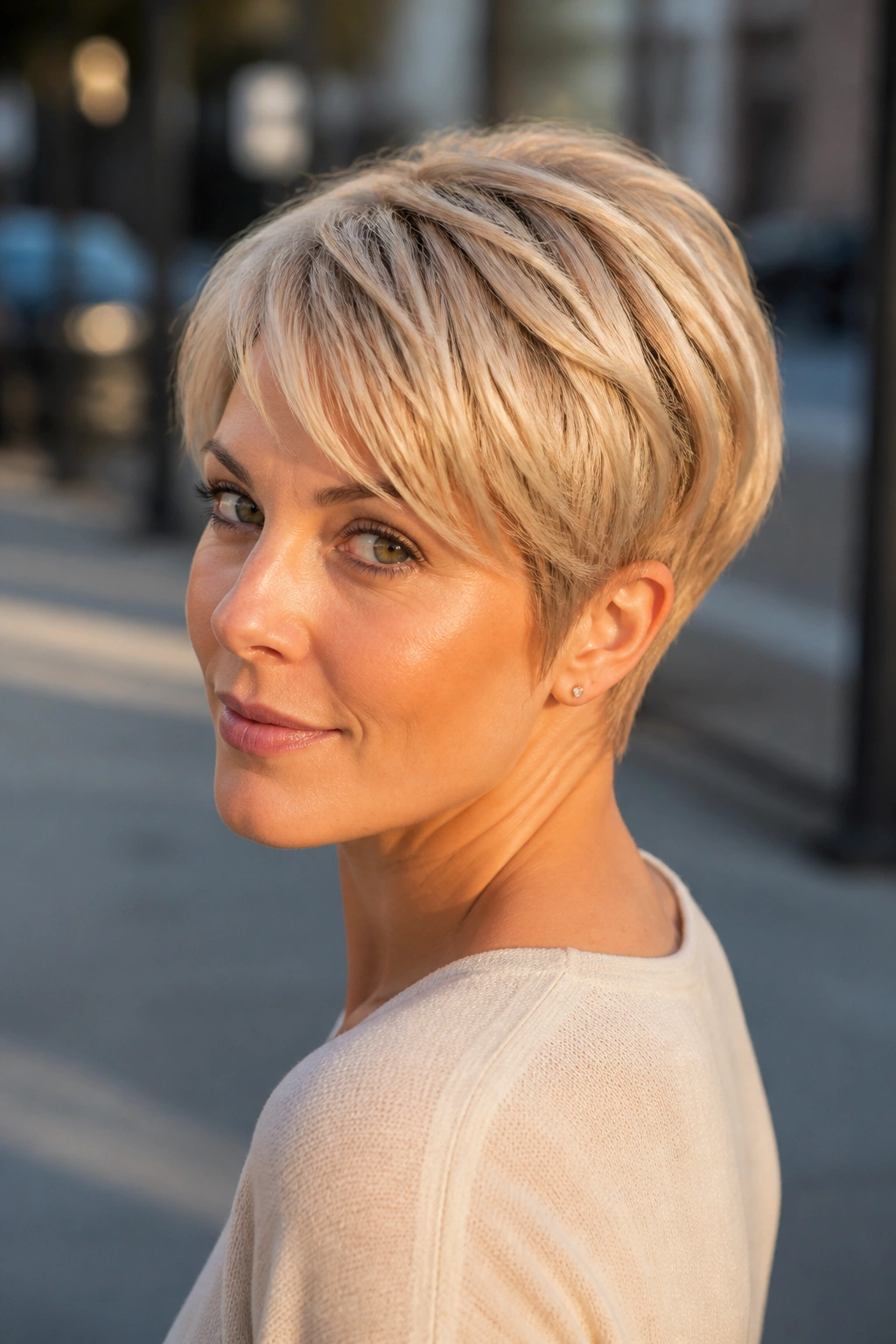 Real woman with cream soda blonde pixie-bob hairstyle