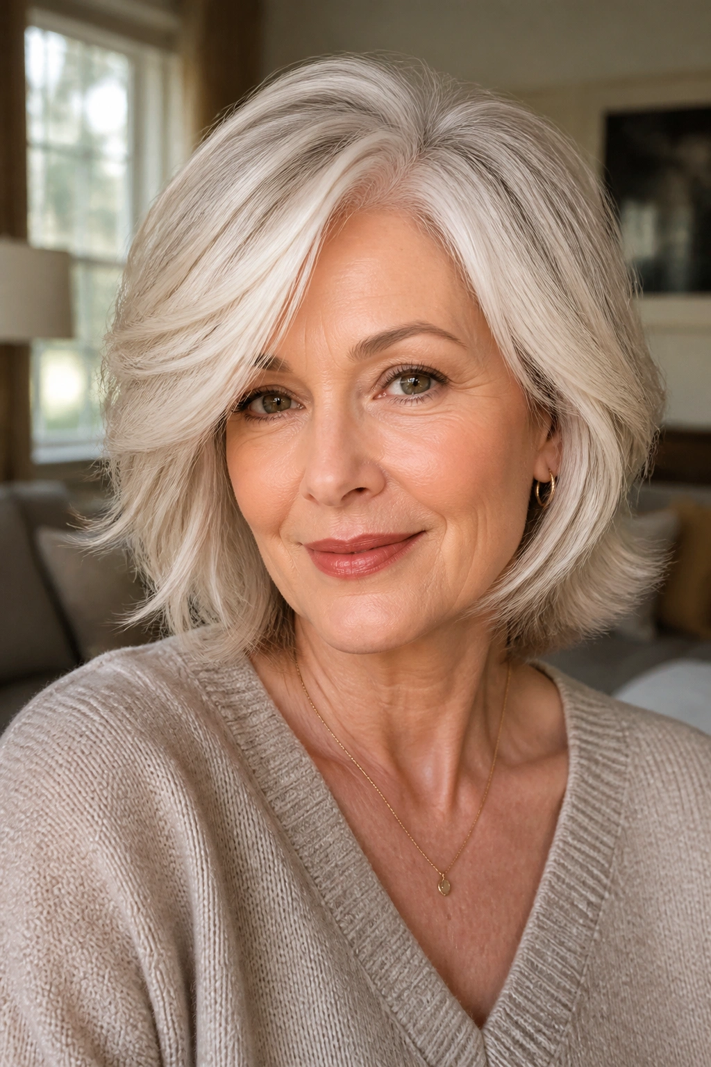 Close-up of a real woman with cream soda white hair