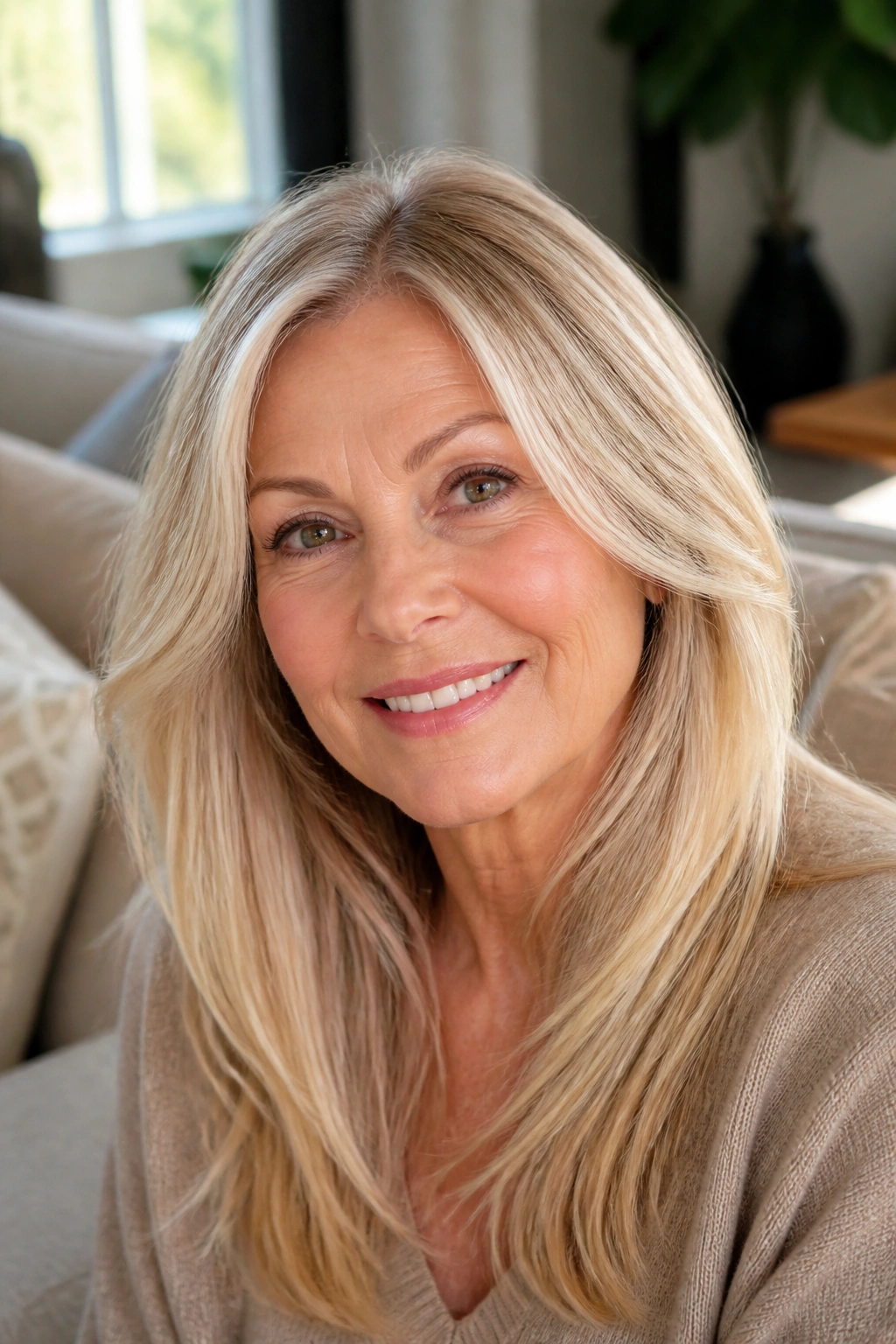Close-up portrait of a real woman with creamy beige blonde hair in a sunlit living room