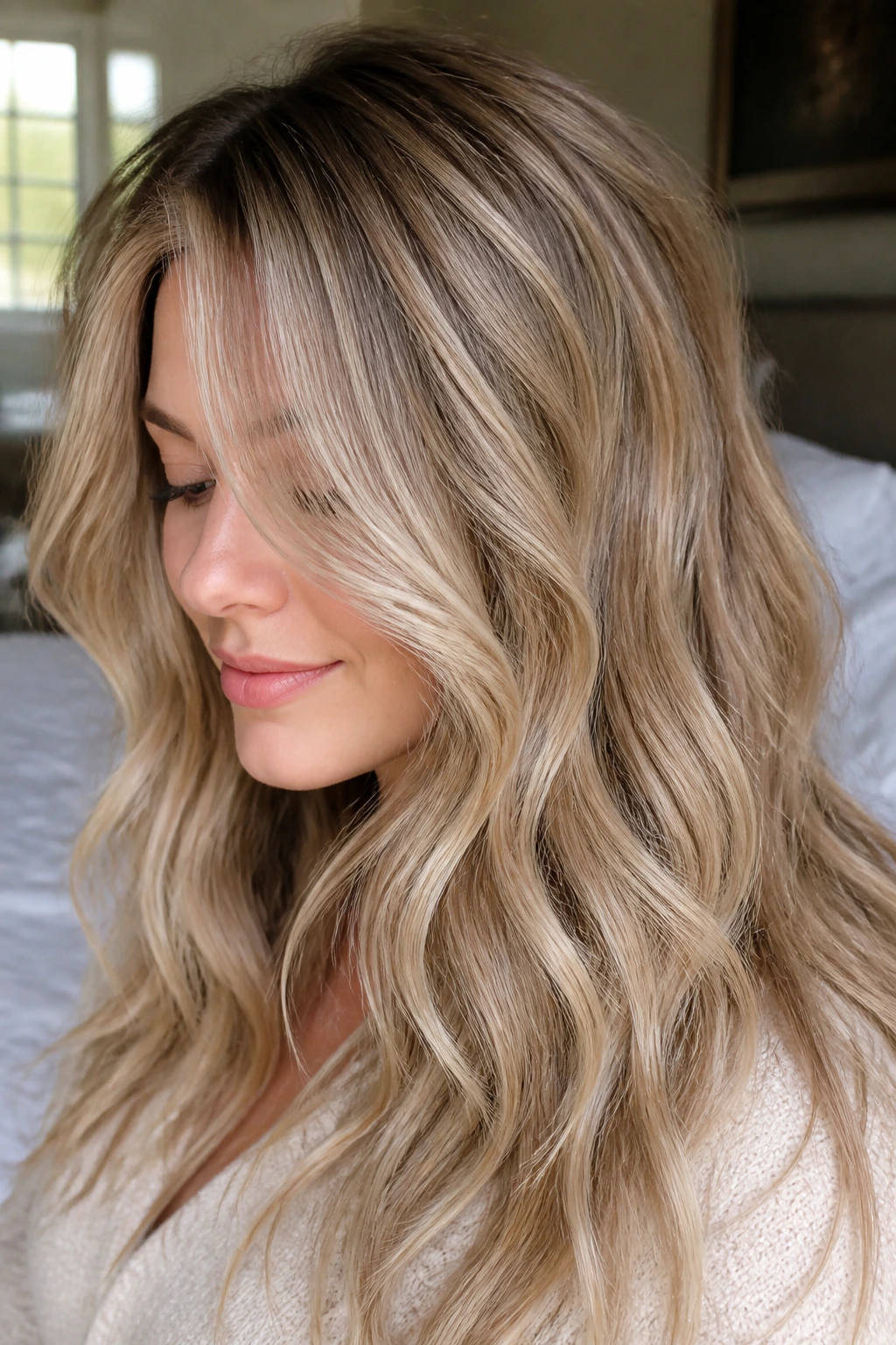 Close-up portrait of a real woman with creamy beige micro highlights in soft waves.