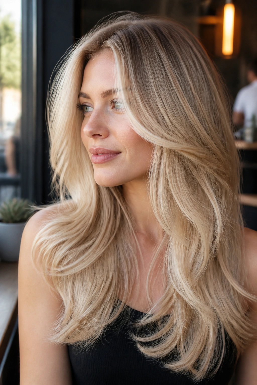 Real woman with creamy beige layered long hair in a warm window-lit setting