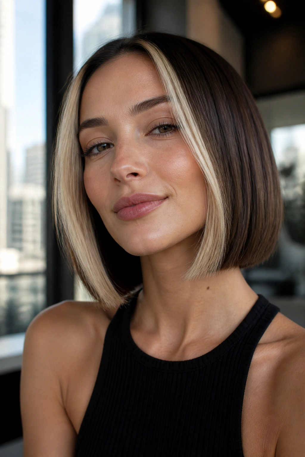 Portrait of a woman with creamy beige panels along a blunt bob in a bright urban interior